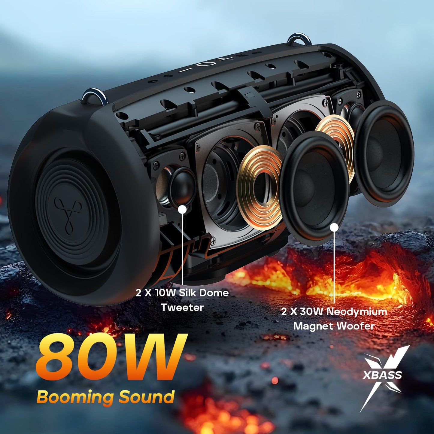Tribit StormBox Lava Portable Bluetooth Speaker, 80W Loud Wireless Speaker, 24H Playtime, IP67 Waterproof, Bluetooth 5.4, Custom EQ, XBass, Built-in Mic, TWS Pairing for Camping/Beach/Party/Outdoor