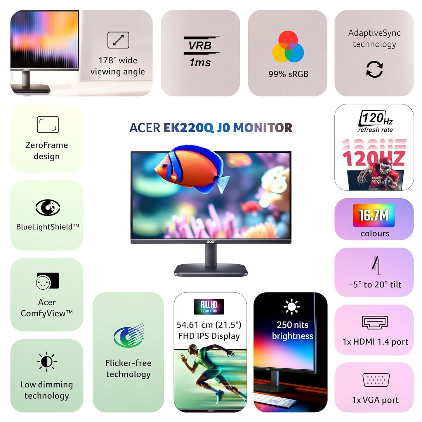Acer EK220Q J0 21.5 Inch Full HD VA Panel Monitor | 120Hz Refresh | 1ms VRB | AdaptiveSync | sRGB 99% | Flicker-Less & BlueLightShield | ZeroFrame | HDMI + VGA | Tilt Adjustable I Eye Care | Black