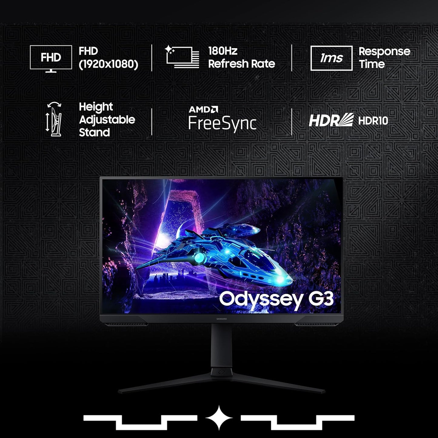 Samsung 24" (60cm) Odyssey G3 Gaming Monitor|FHD 1920 X 1080|180Hz|1ms(MPRT)|AMD Freesync|Ports-DP,HDMI|DP Cable|16.7 Million Colors|Height-Tilt-Pivot Adjustable Stand|Bezeless|LS24DG300EWXXL|Black