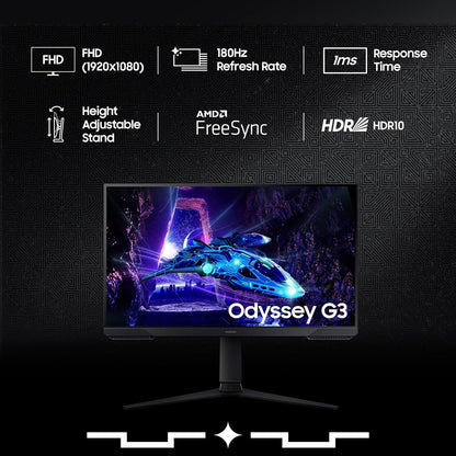 Samsung 24" (60cm) Odyssey G3 Gaming Monitor|FHD 1920 X 1080|180Hz|1ms(MPRT)|AMD Freesync|Ports-DP,HDMI|DP Cable|16.7 Million Colors|Height-Tilt-Pivot Adjustable Stand|Bezeless|LS24DG300EWXXL|Black