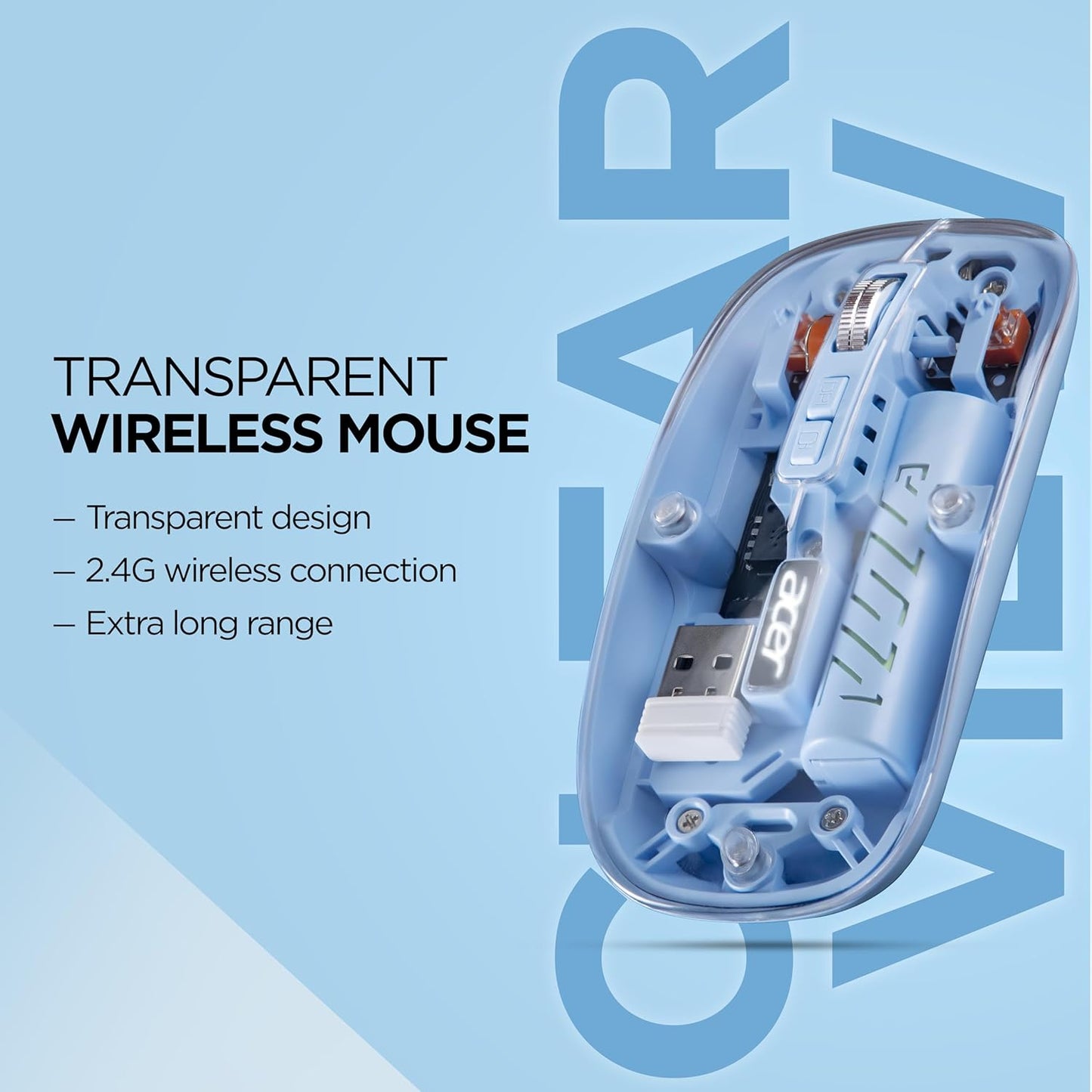 Acer Clearview Transparent Wireless & Bluetooth Rechargeable Mouse, USB Receiver, LED