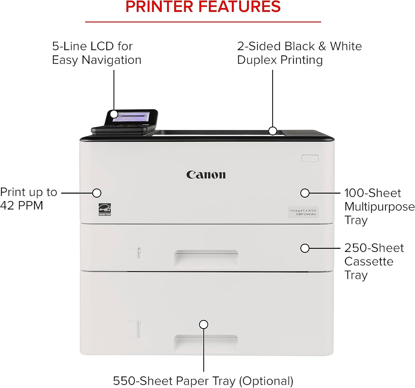 Canon imageCLASS LBP246dw Monochrome Duplex, Wireless Laser Printer, Single Function