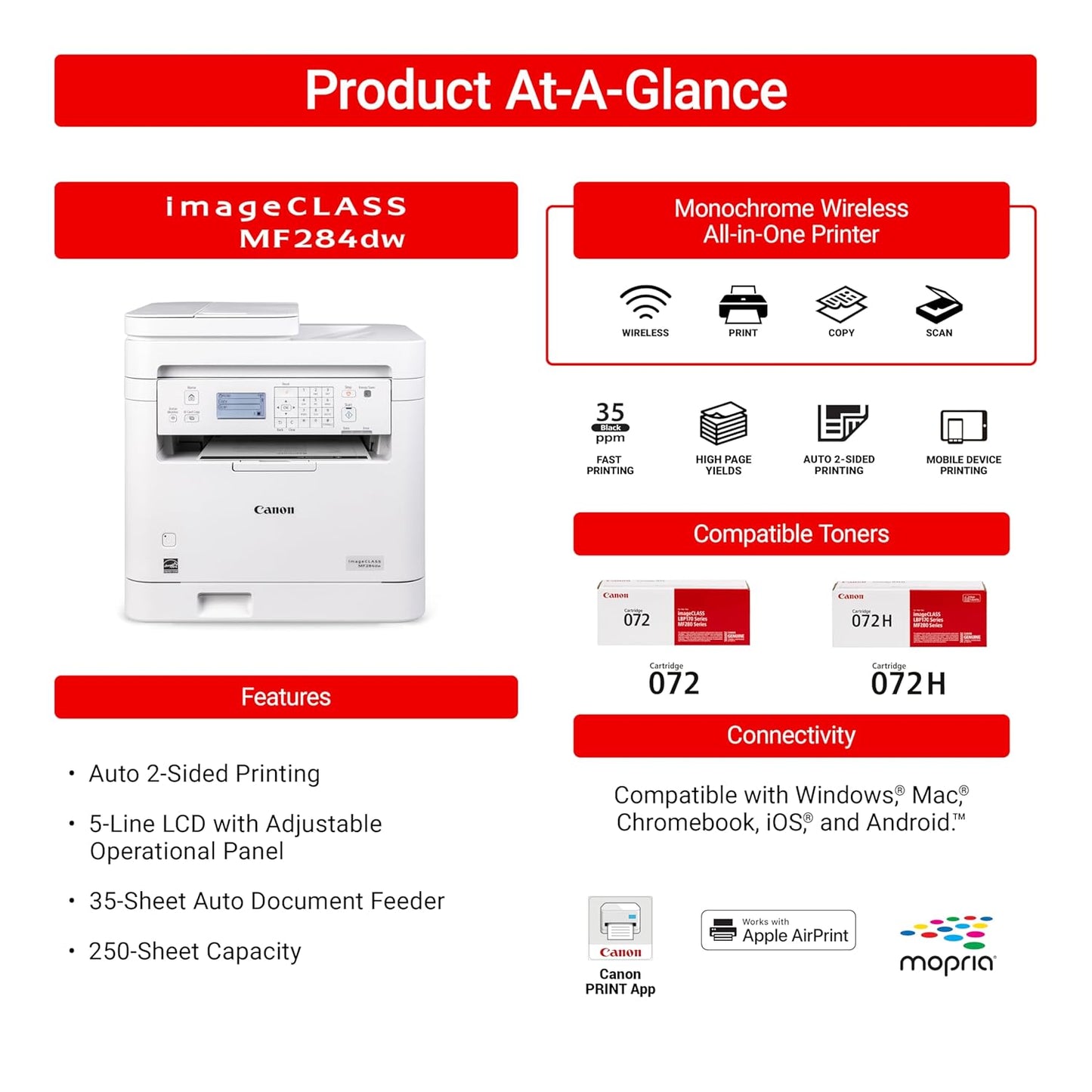 Canon imageCLASS MF284dw MULTI-FUNCTION Laser Printer | Print | Sacan | Copy | Wifi | A4(21x29.7cm)
