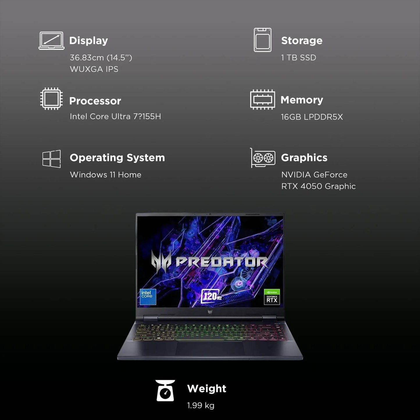 Acer Predator Helios Neo 14 Intel Core Ultra 7 Processor 155H NVIDIA GeForce RTX 4050 |window 11 Home