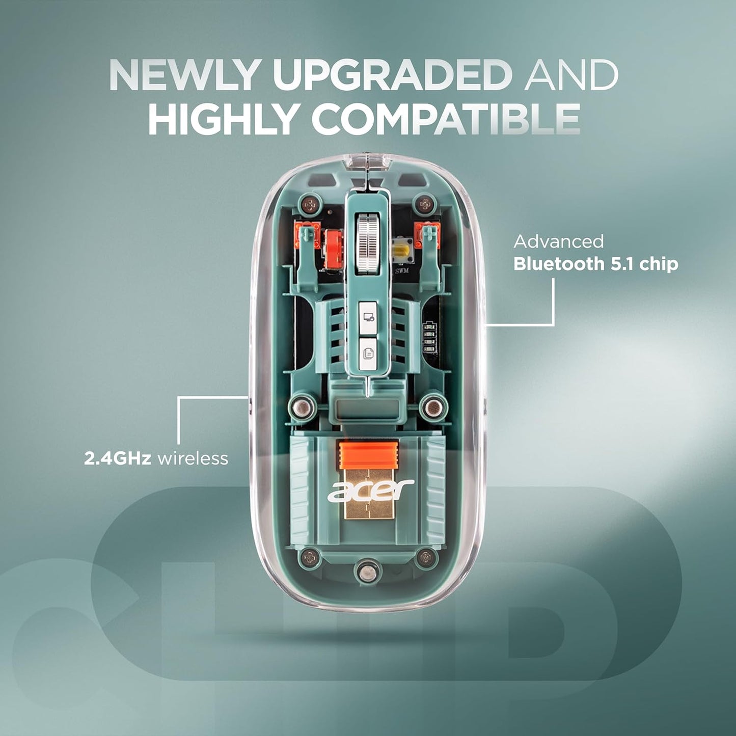 Acer Clearview Transparent Wireless Mouse with Triple-Mode Connectivity, Silent Click Tech
