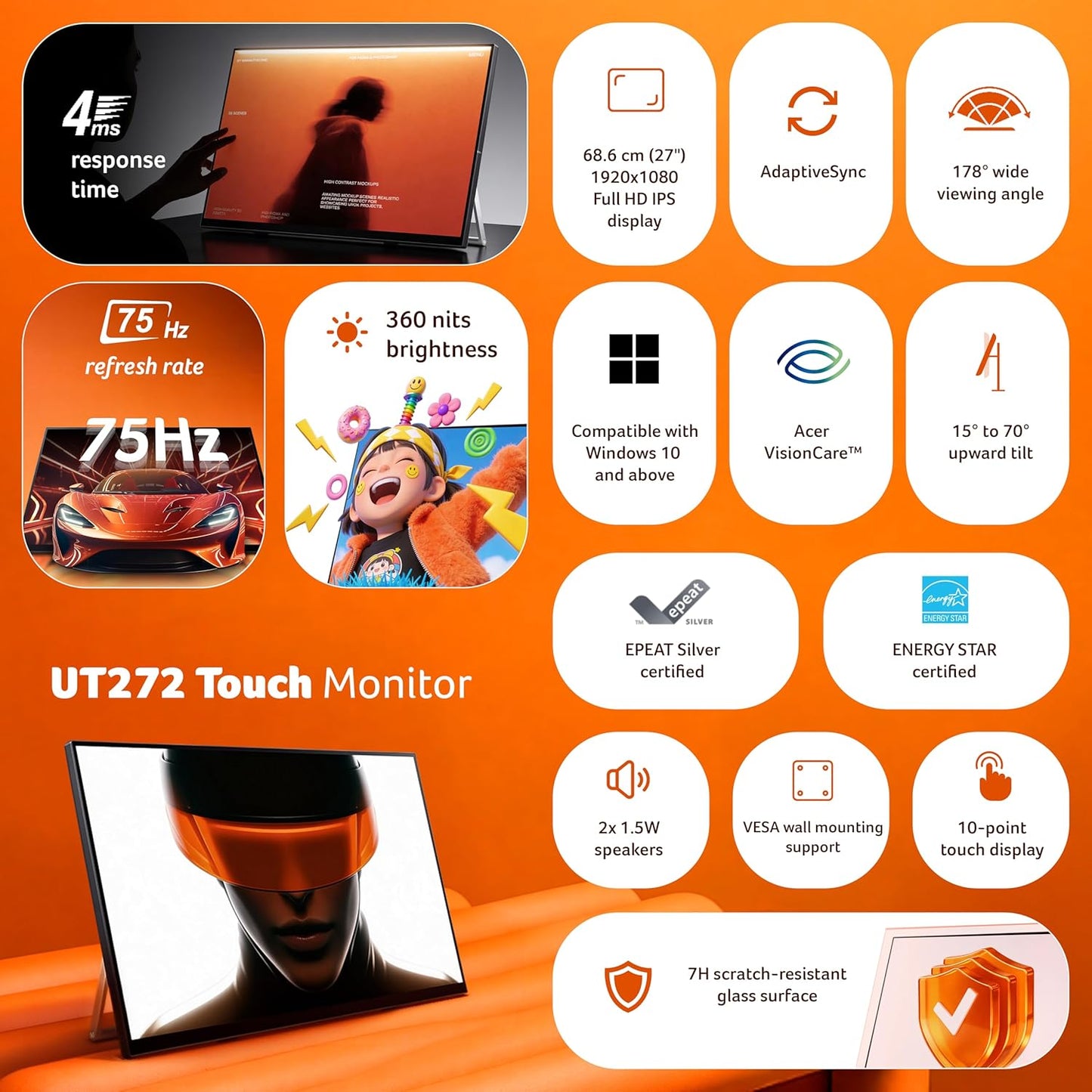 Acer UT272 27 Inch Touch Screen Monitor | Full HD IPS | 10-Point Multi-Touch | 7H Scratch-Resistant Glass | 75Hz AdaptiveSync | HDMI, DisplayPort, USB HUB | Built-in Speakers | Energy Star | Black
